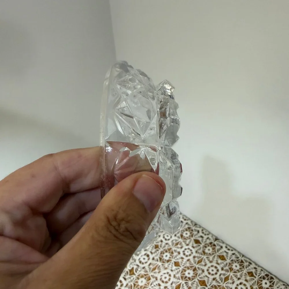 Vintage Glass Diamond Point Clear Covered Candy Dish Footed Oval 5in